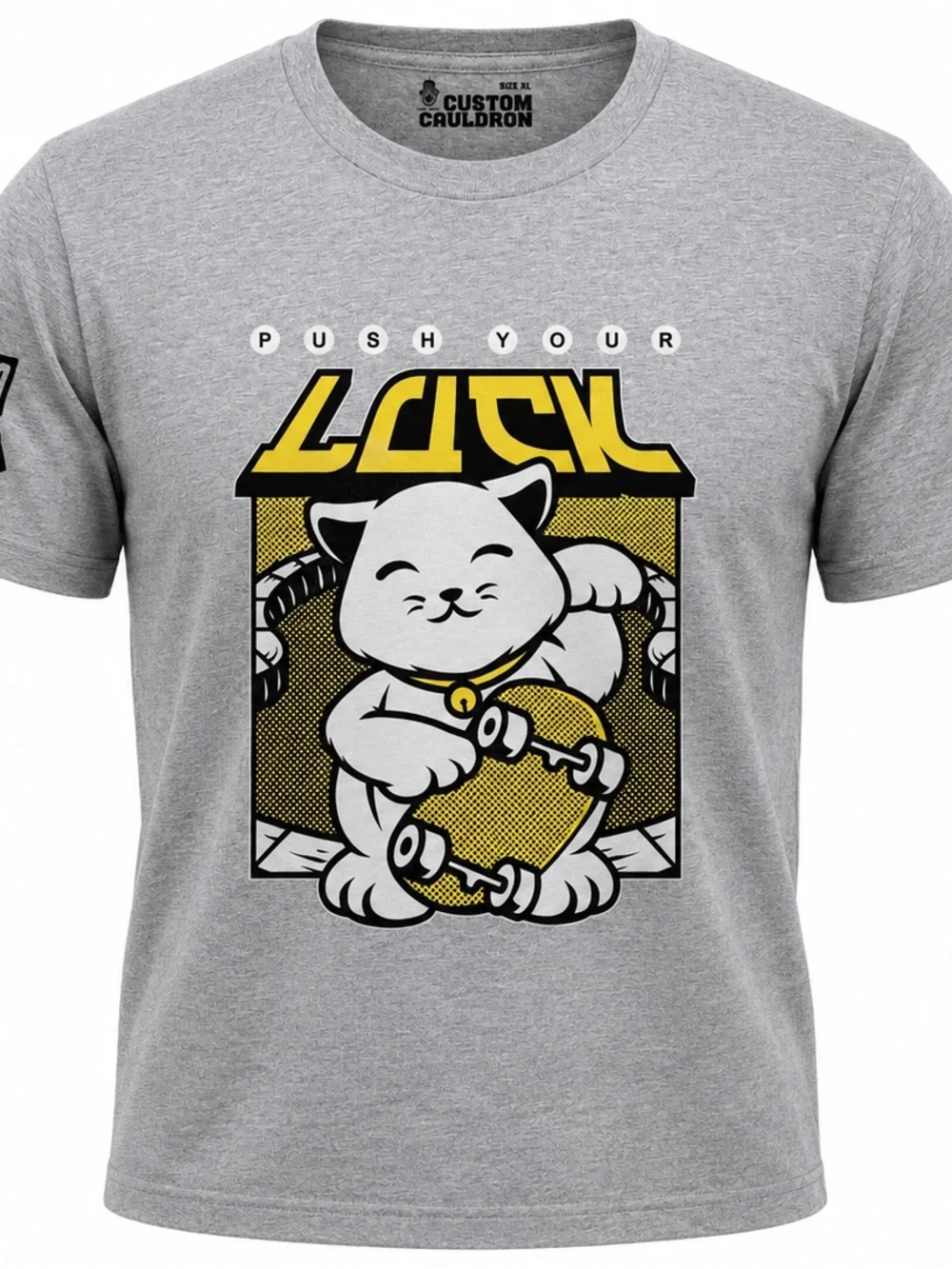 Custom Cauldron Grey 'Push Your Lucky' Cat Graphic T-Shirt for Cats
